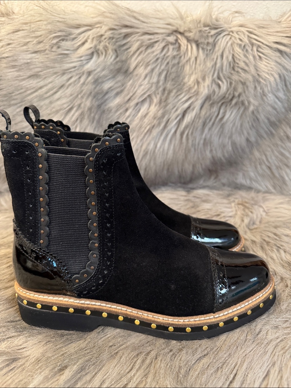 Free People Black Suede & Patent Chelsea Boot with Stud Detail Size 38